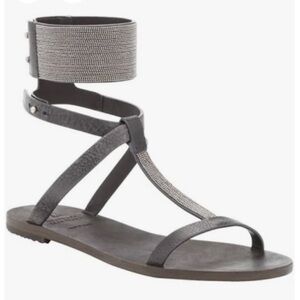 Brunello Cucinelli Gray Leather Gladiator Sandals with Monili Beads Size 41
